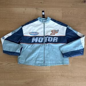 Fashion Nova Biker Jacket Faux Leather Turbo Mode Size L Blue